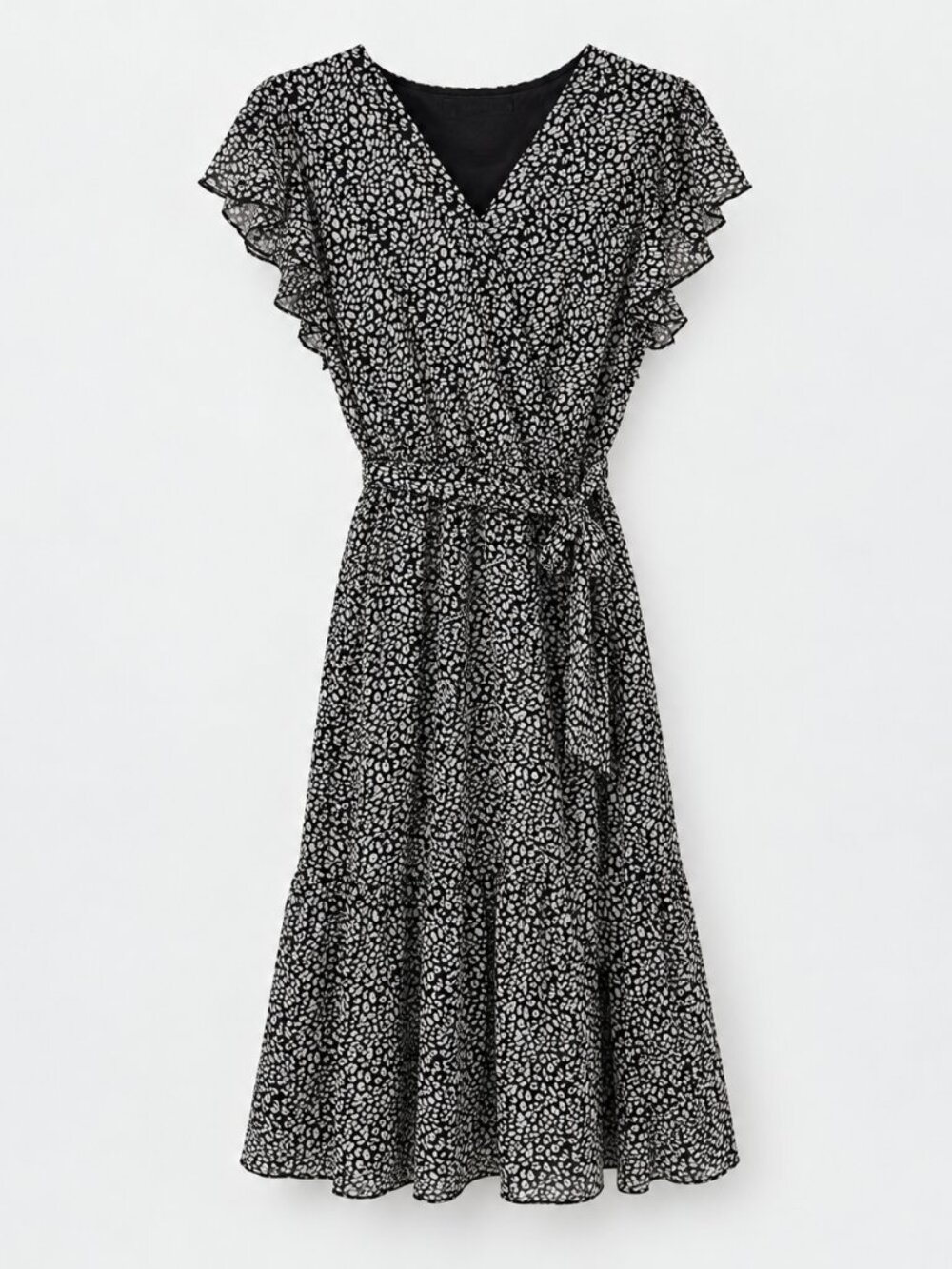 ACUN Black & White Leopard Print Ruffle Sleeve Tiered Dress L